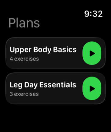 Workout plan list on Apple Watch
